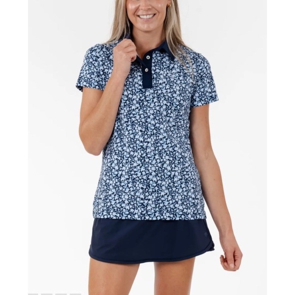 Rhoback Petal Performance Polo. Short Sleeve Stretch Golf Size Large Navy Floral